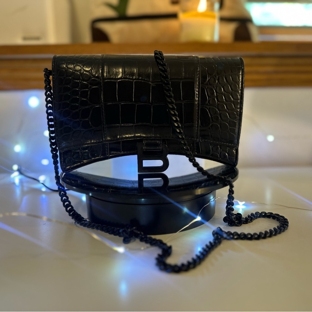 Balenciaga hourglass croc-embossed chain wallet.
